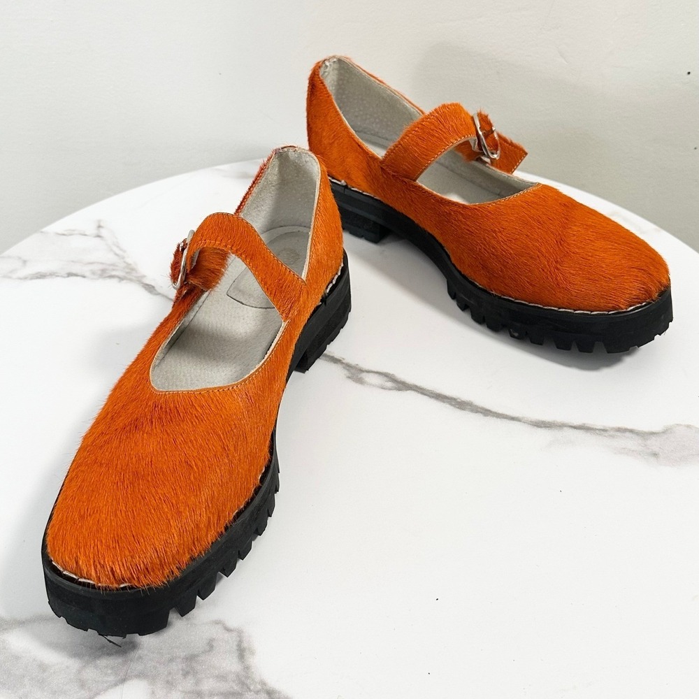 Mary Jane Calf Hair Leather Shoes Orange Vibram Sole Made in Italy EU 38 US 7.5